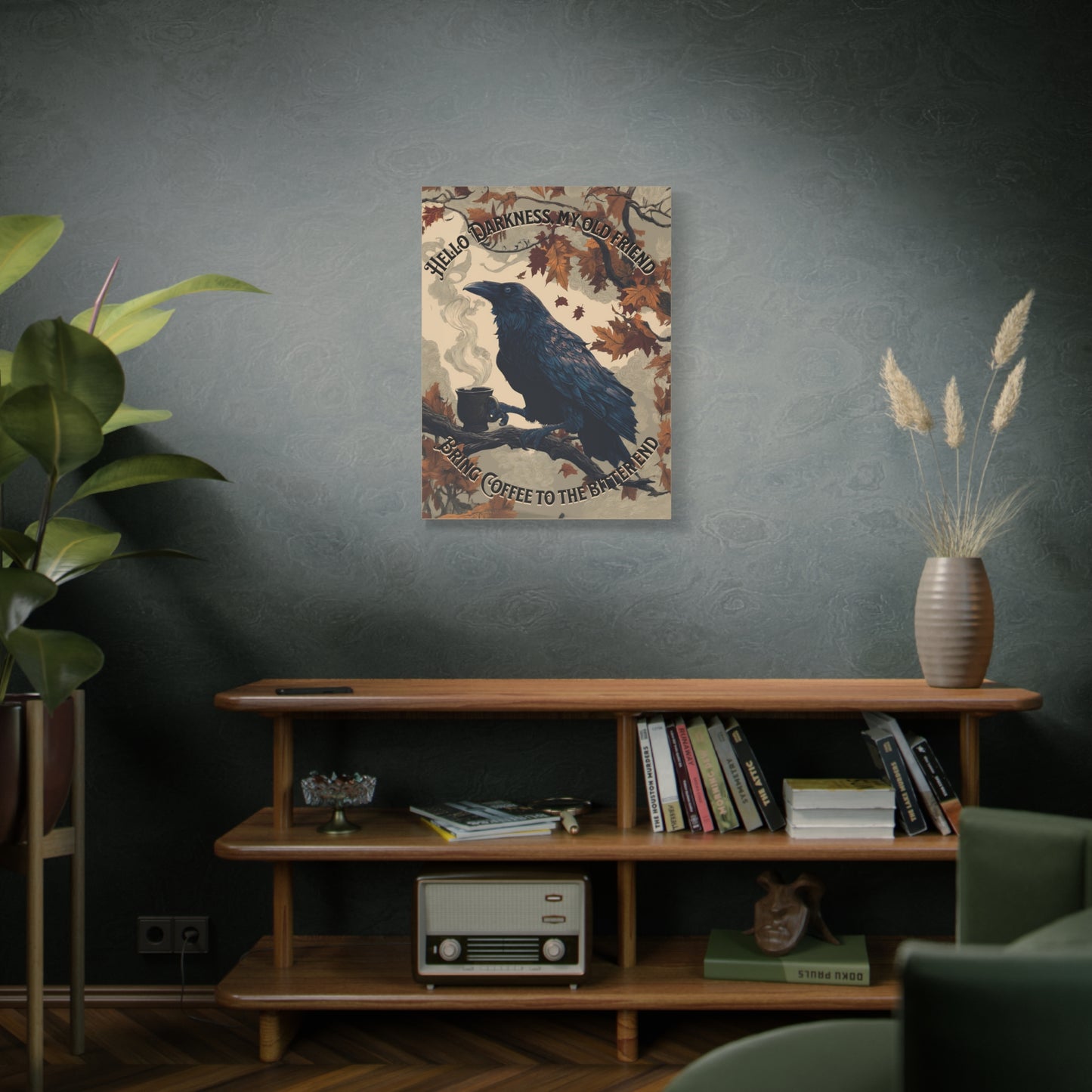 Raven Holding Coffee Canvas Wall Art - Hello Darkness, My Old Friend - Bring Coffee to the Bitter End