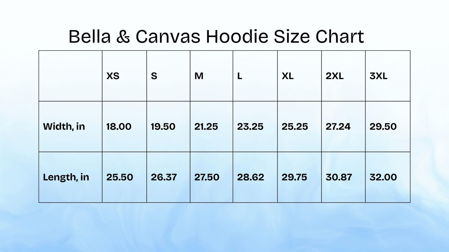 Bella & Canvas Hoodie Size Chart with dimensions for XS to 3XL