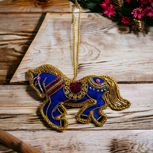 Blue Carousel Horse Hand Embroidered Ornament - Tortuna