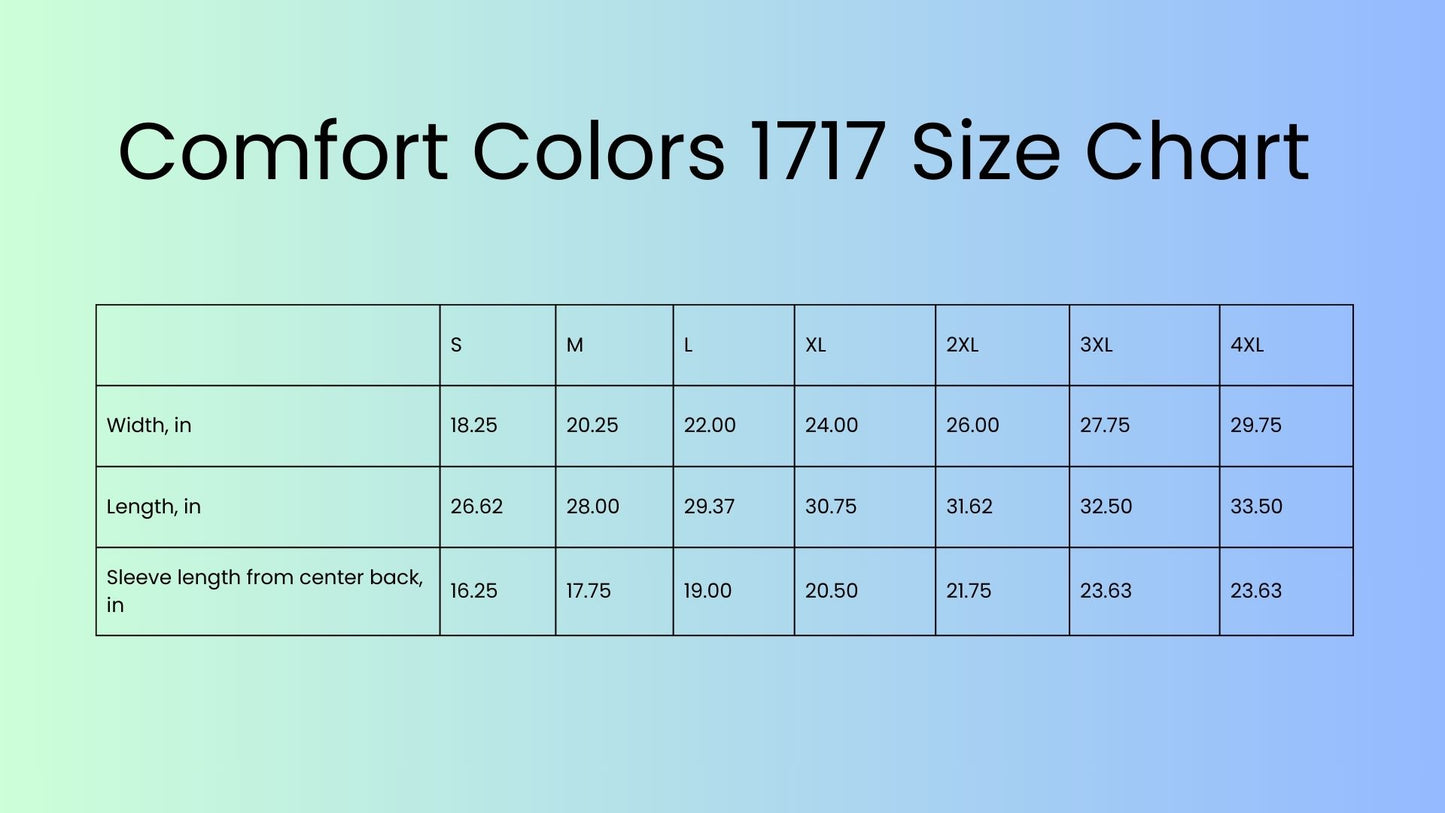 comfort colors size chart