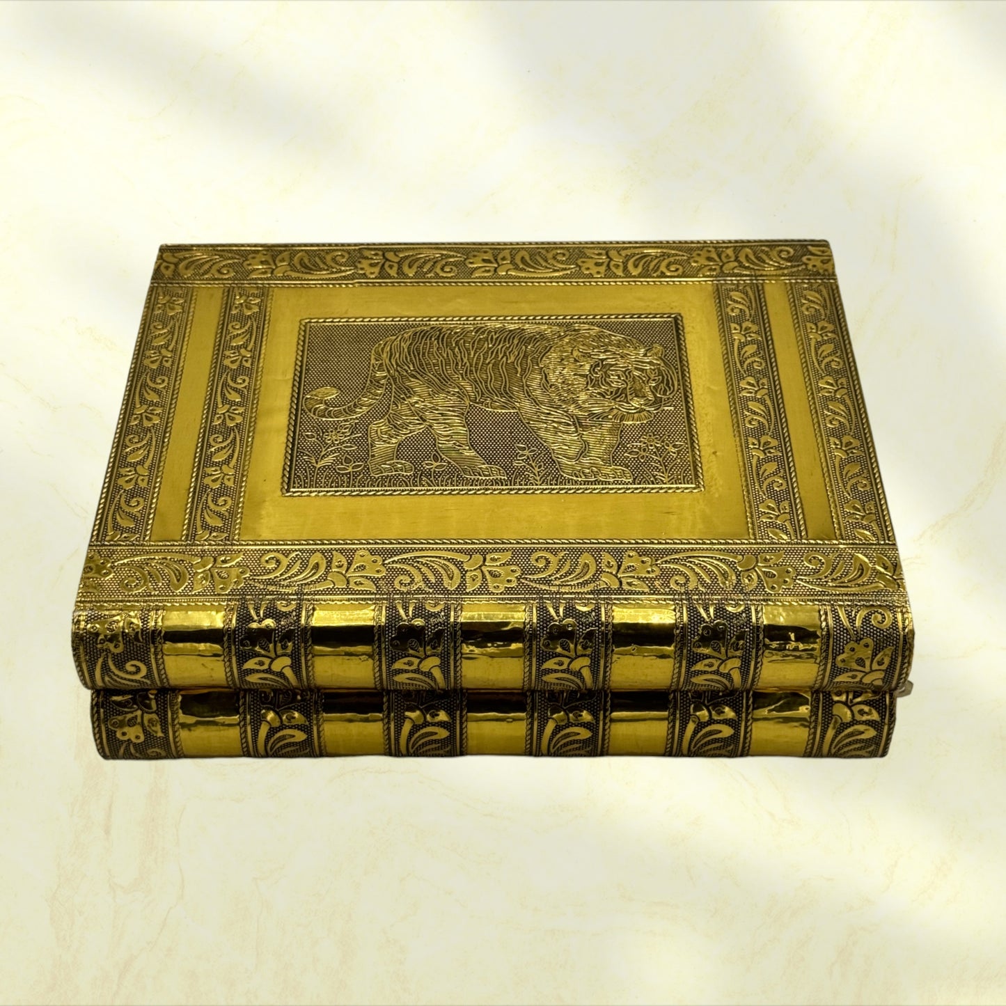 Majestic Indian Tiger Handmade Jewelry Holder Box - Tortuna shows angle of box where you can see how edges resemble a book 