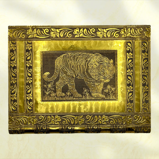 Majestic Indian Tiger Handmade Jewelry Holder Box - Tortuna view from top of box shows close up of cover with tiger imprinted design