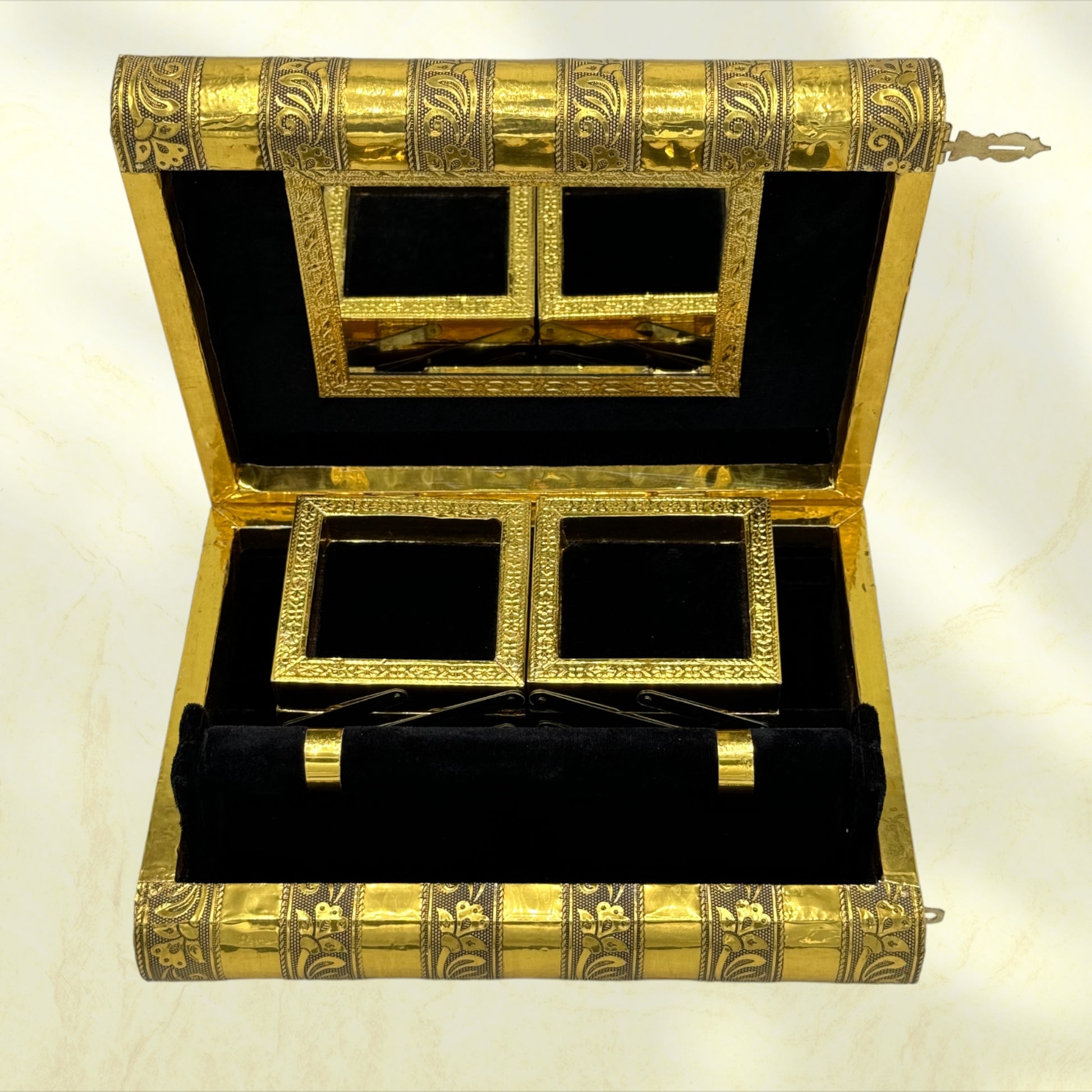 Majestic Indian Tiger Handmade Jewelry Holder Box - Tortuna shows black lined box open with trays closed