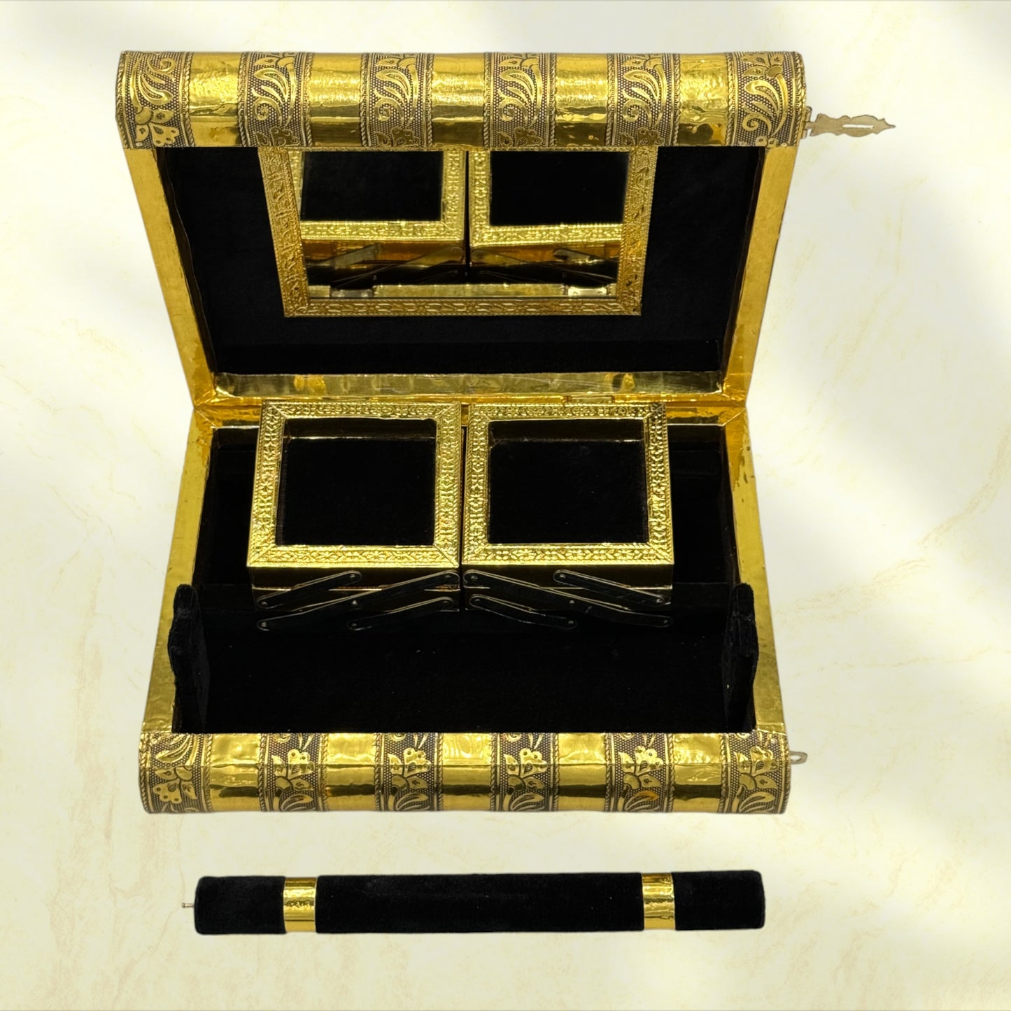 Majestic Indian Tiger Handmade Jewelry Holder Box - Tortuna shows black lined box open with dowel removed and sitting outside of the box