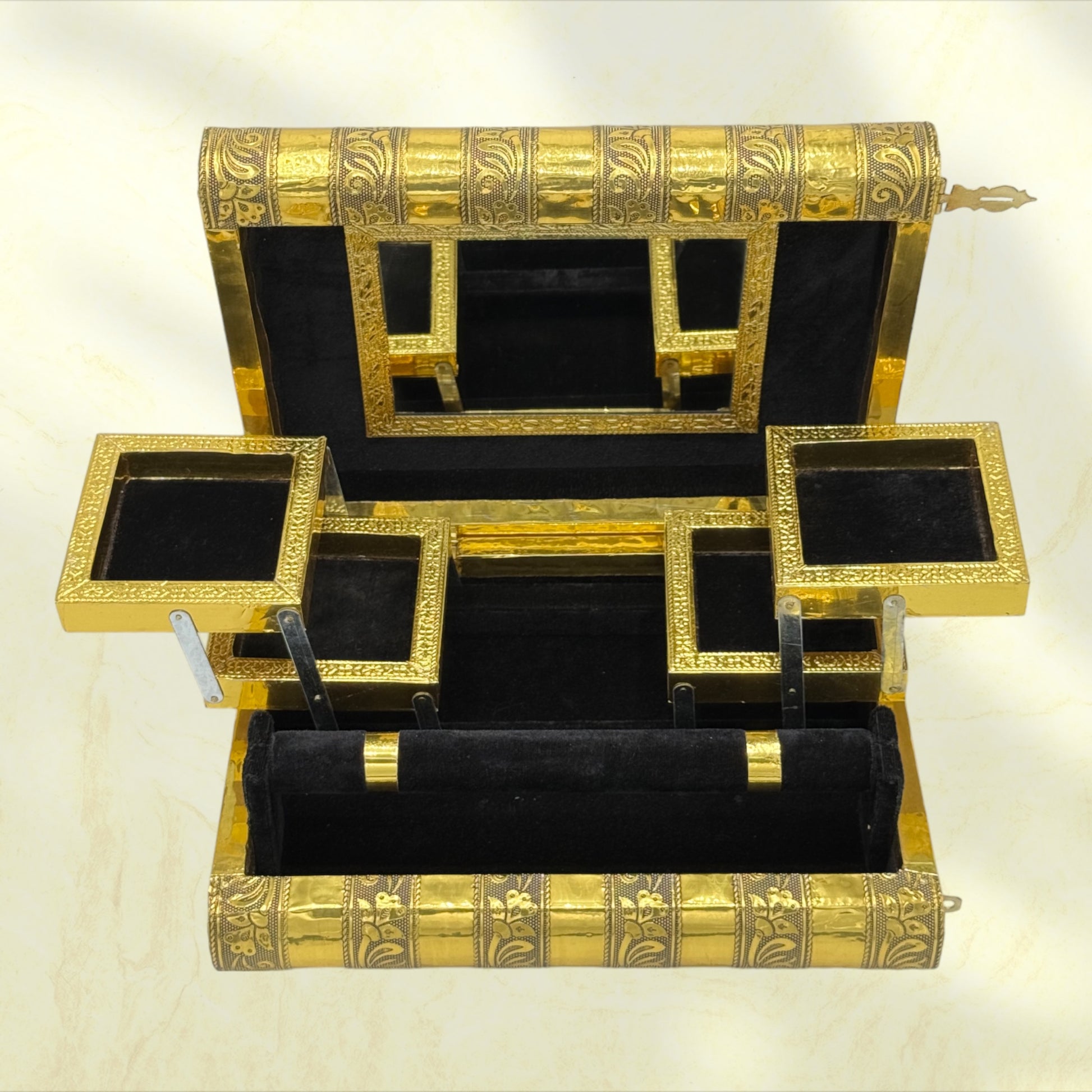 Majestic Indian Tiger Handmade Jewelry Holder Box - Tortuna shows black box open with trays extended