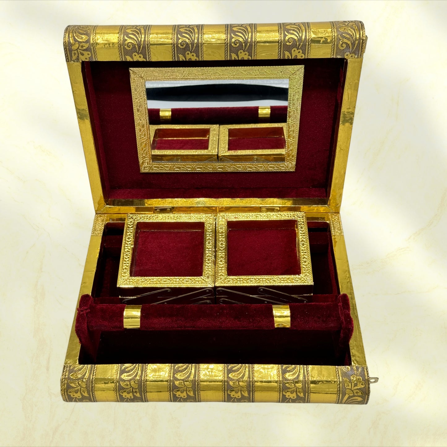 Majestic Indian Tiger Handmade Jewelry Holder Box - Tortuna shows red box open with trays closed