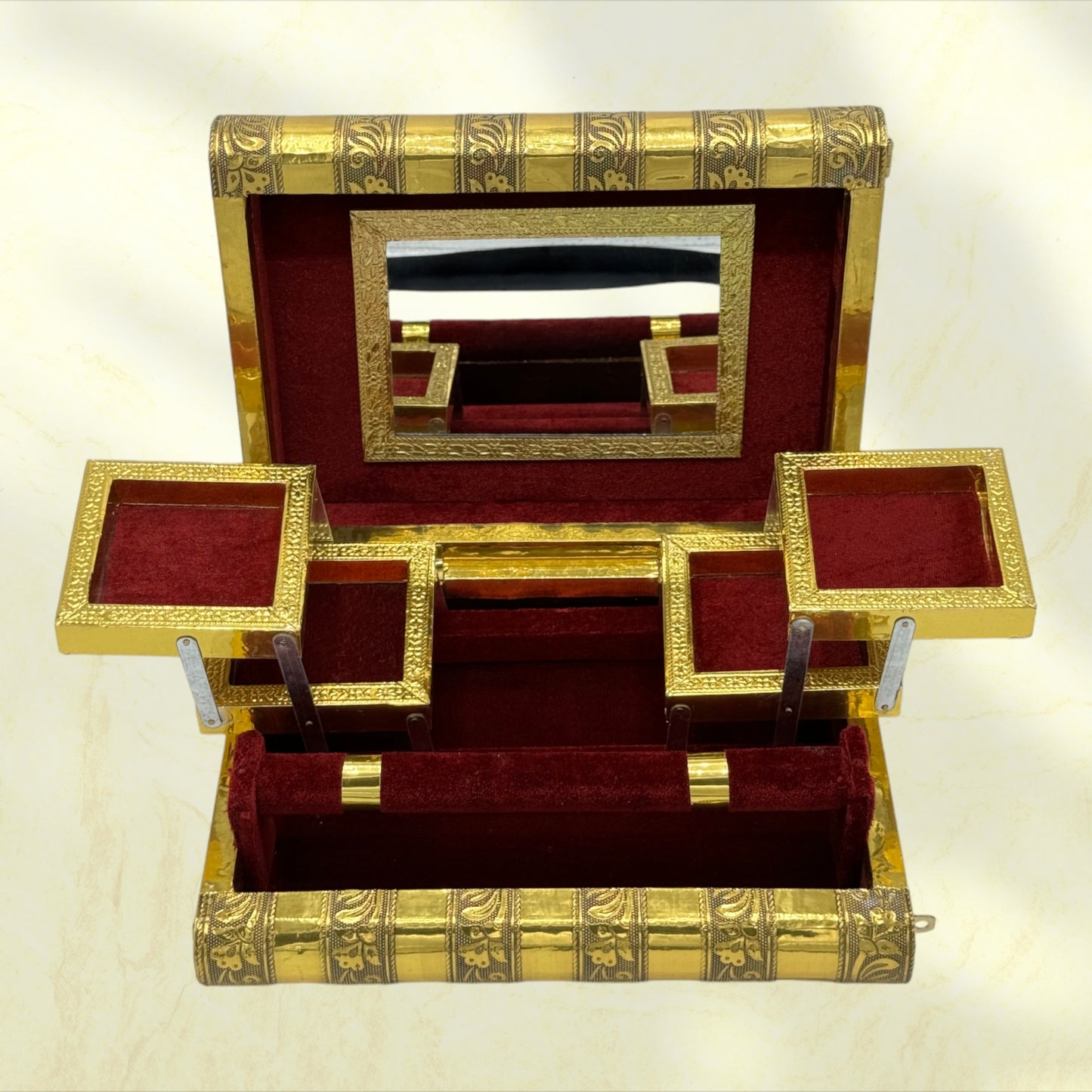 Majestic Indian Tiger Handmade Jewelry Holder Box - Tortuna shows red box open with trays extended 