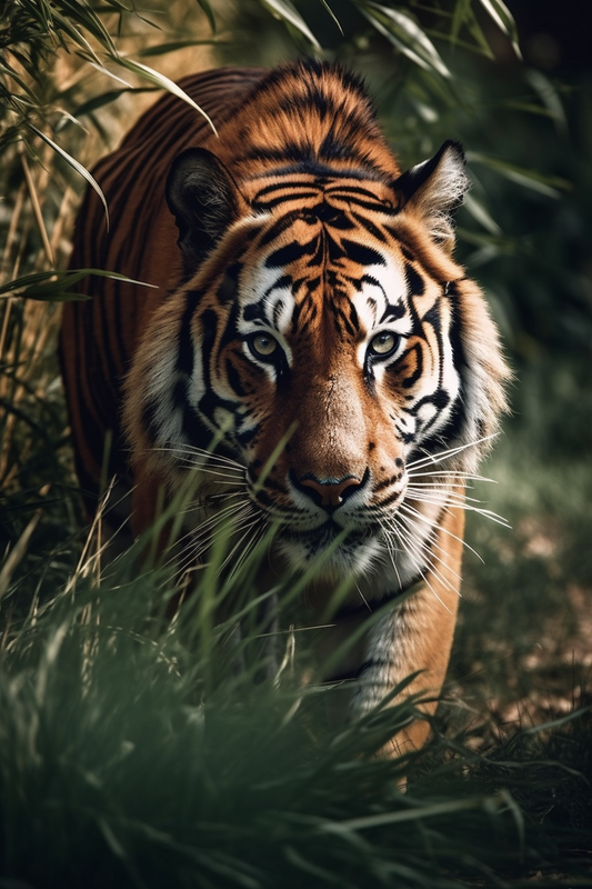 Tiger walking through grass