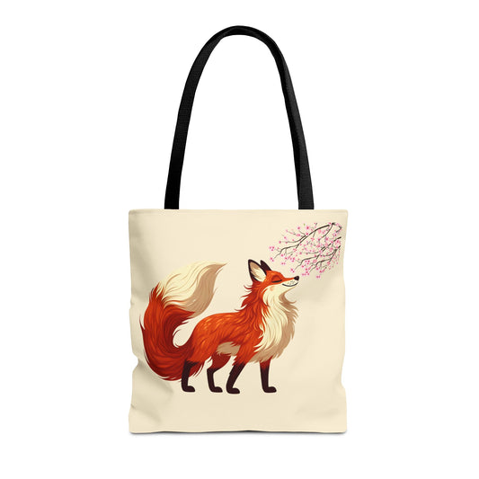 Fox smelling cherry blossoms tote bag