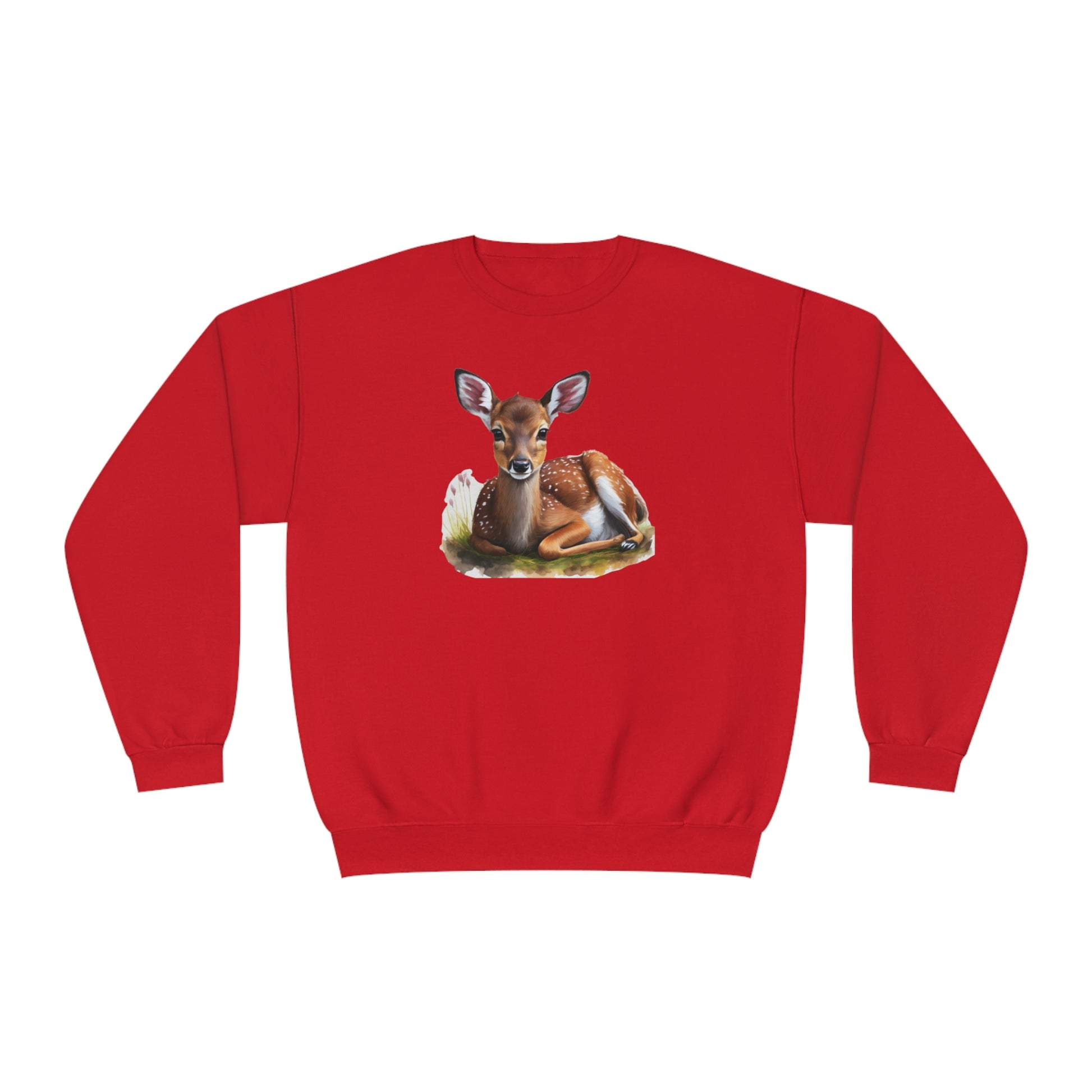 nature inspired sweatshirt with a tranquil deer lying in the woods on a red sweatshirt. made in USA