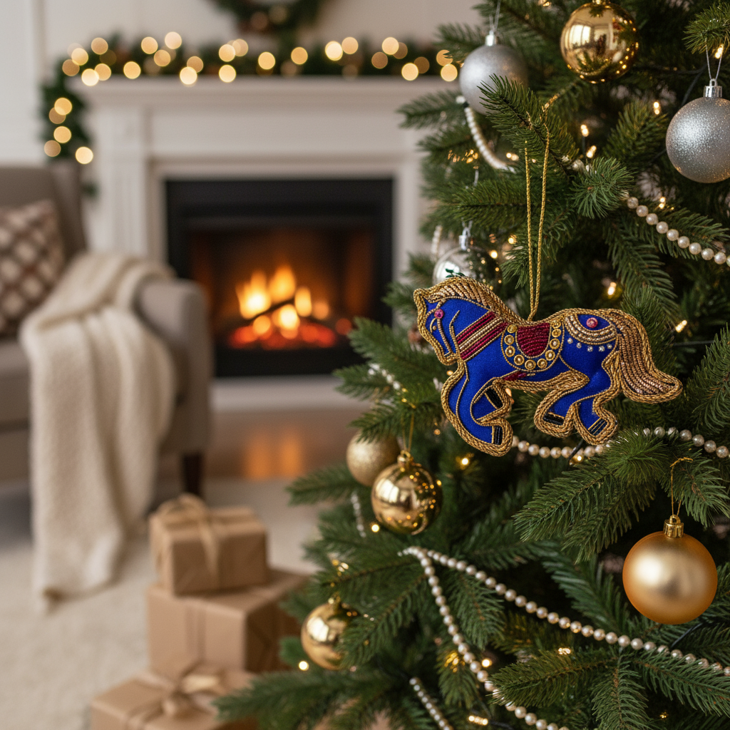 Decorated Christmas tree with a blue horse ornament in front of a fireplace.
