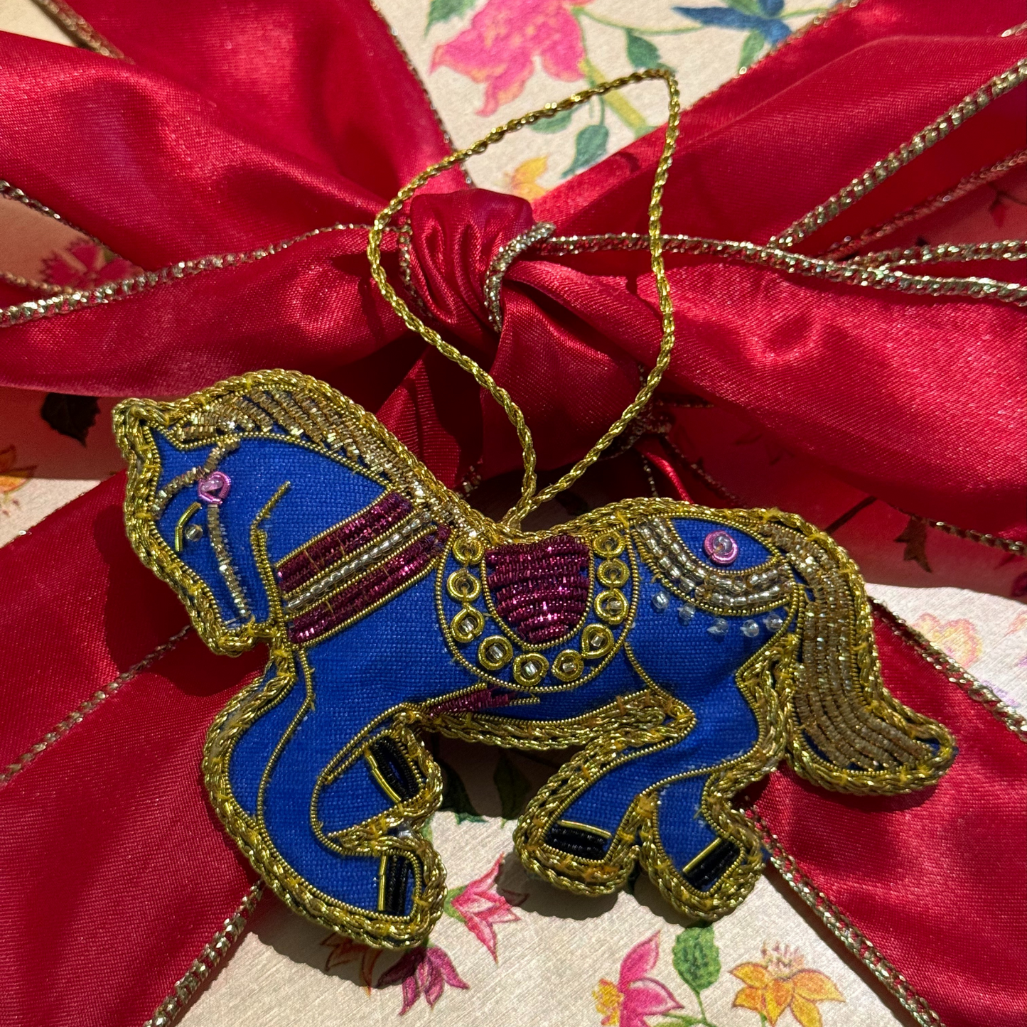 Blue Horse Hand Embroidered Ornament - Tortuna