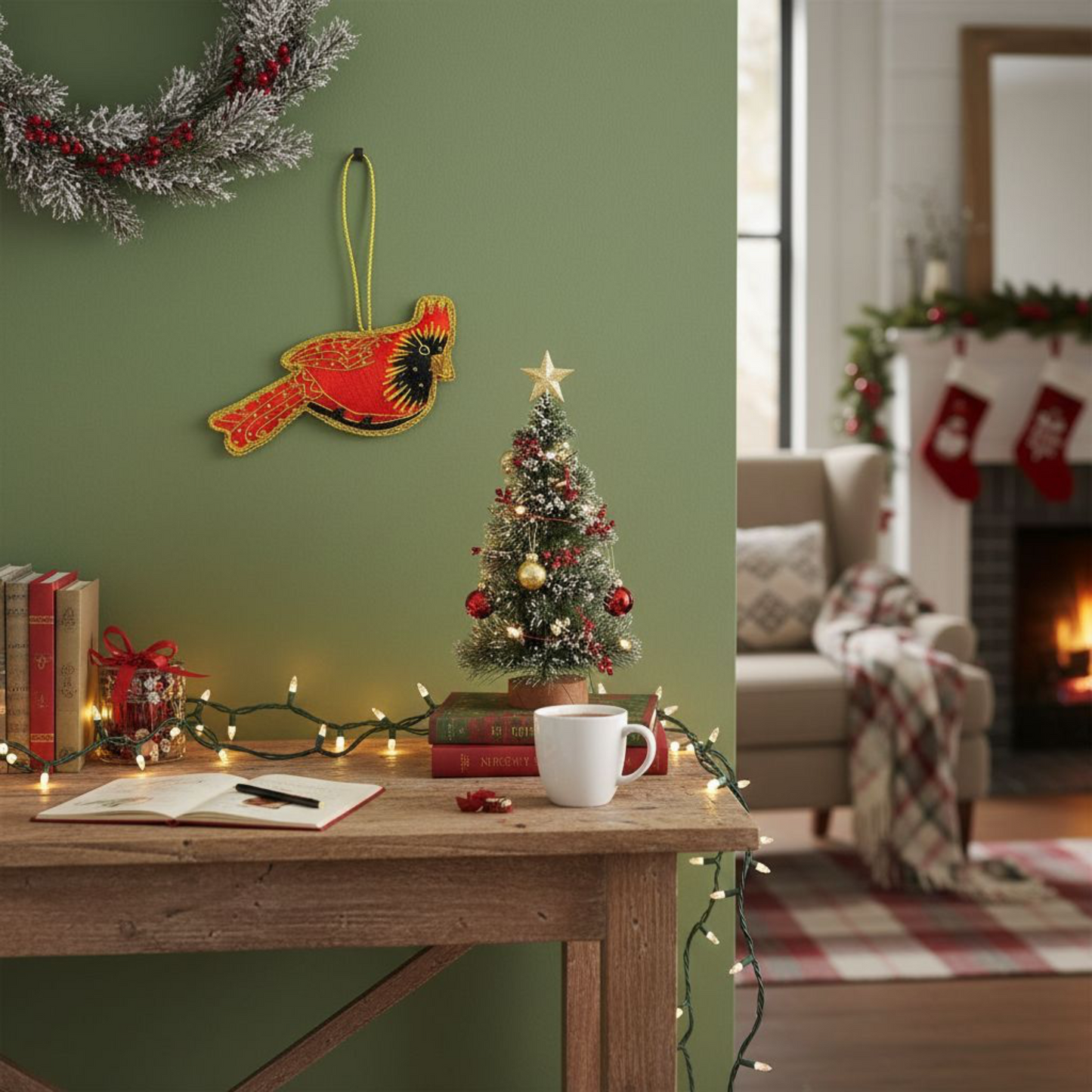 Christmas-themed room with a small tree, cardinal ornament, and fireplace.