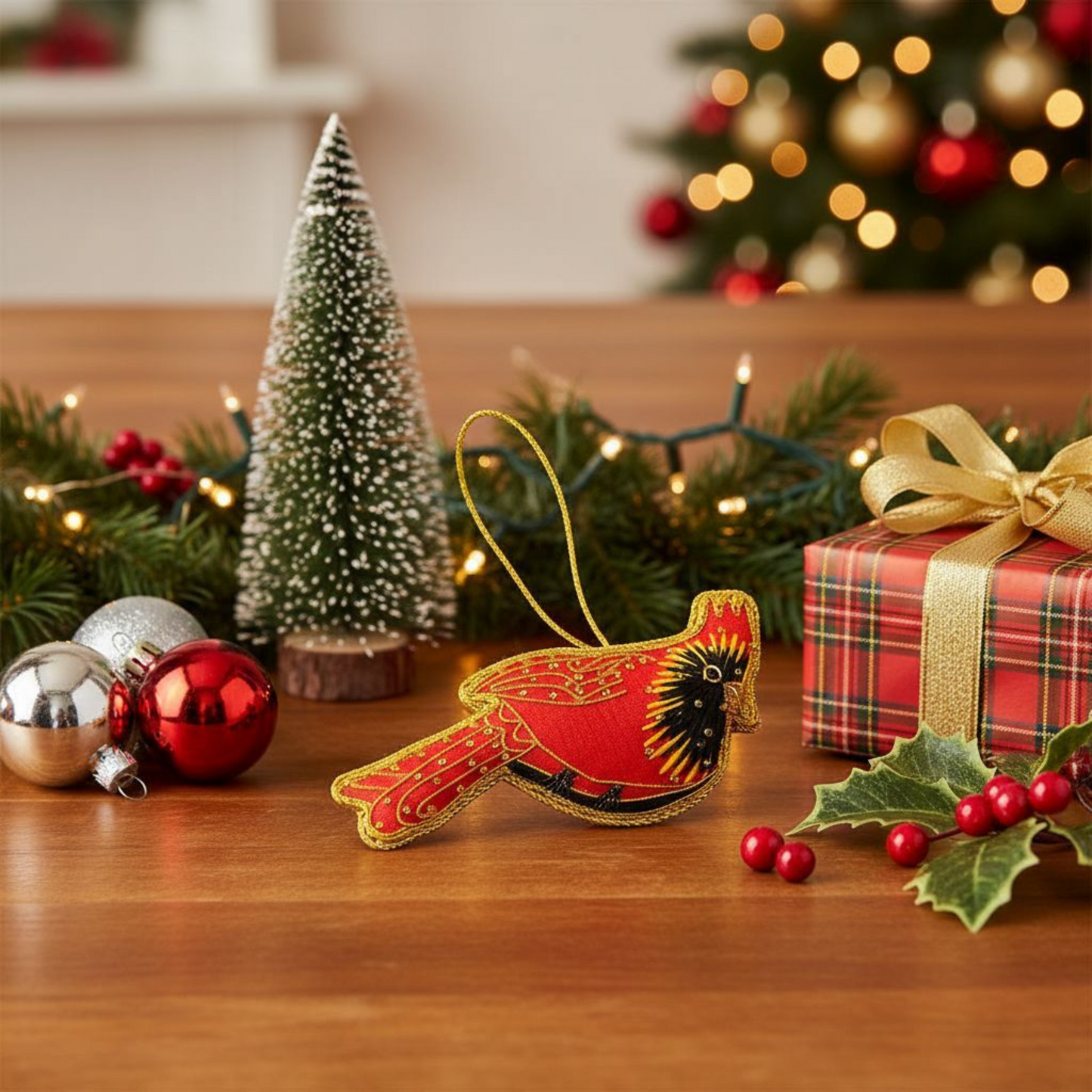 Cardinal-shaped Christmas ornament on a wooden surface with festive decorations.
