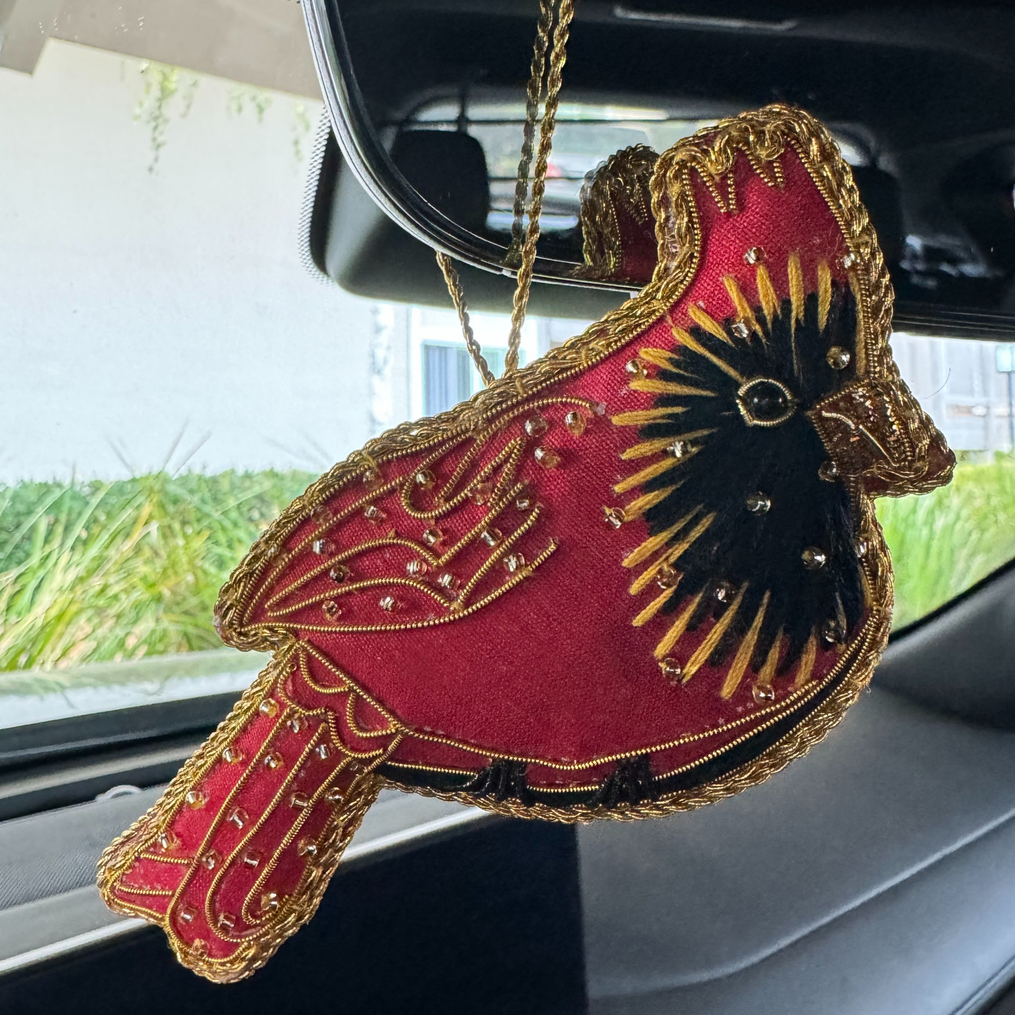 Red Cardinal with Zari Embroidery as a car ornament 