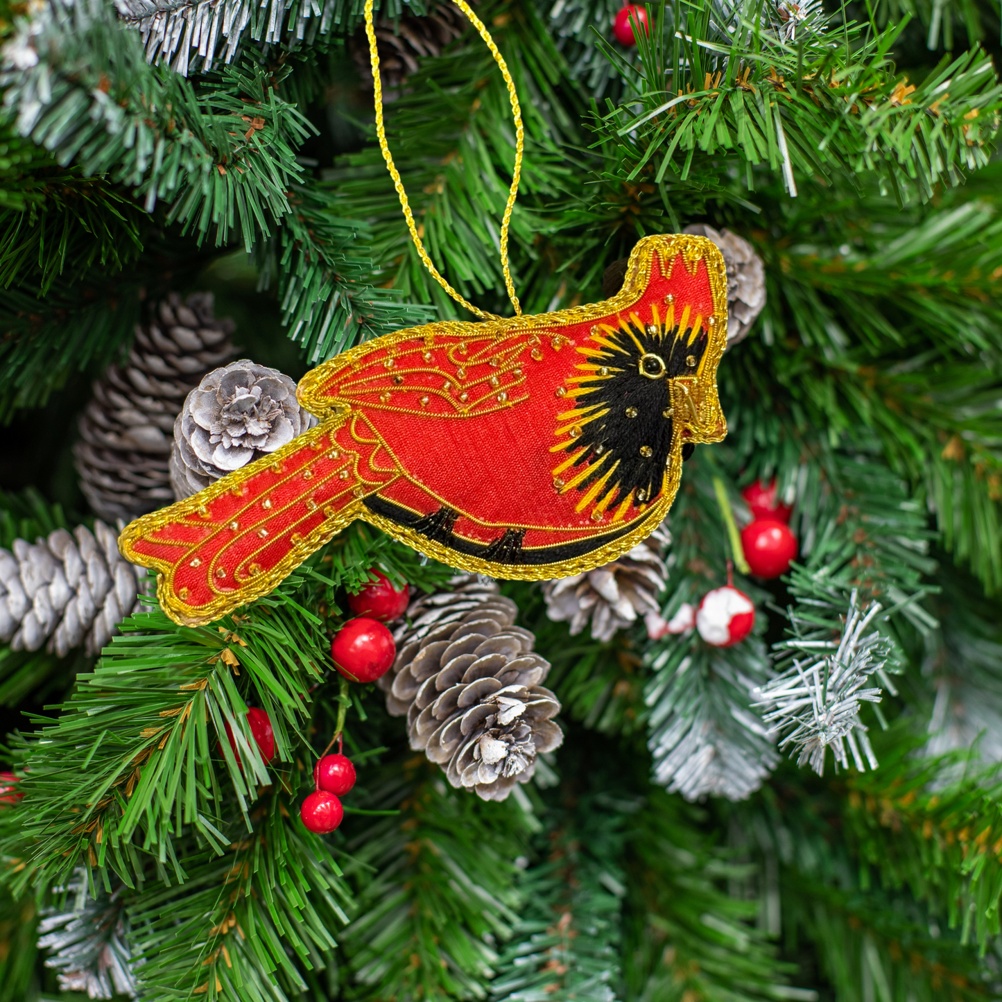 Red Cardinal with Zari Embroidery as Christmas tree ornament