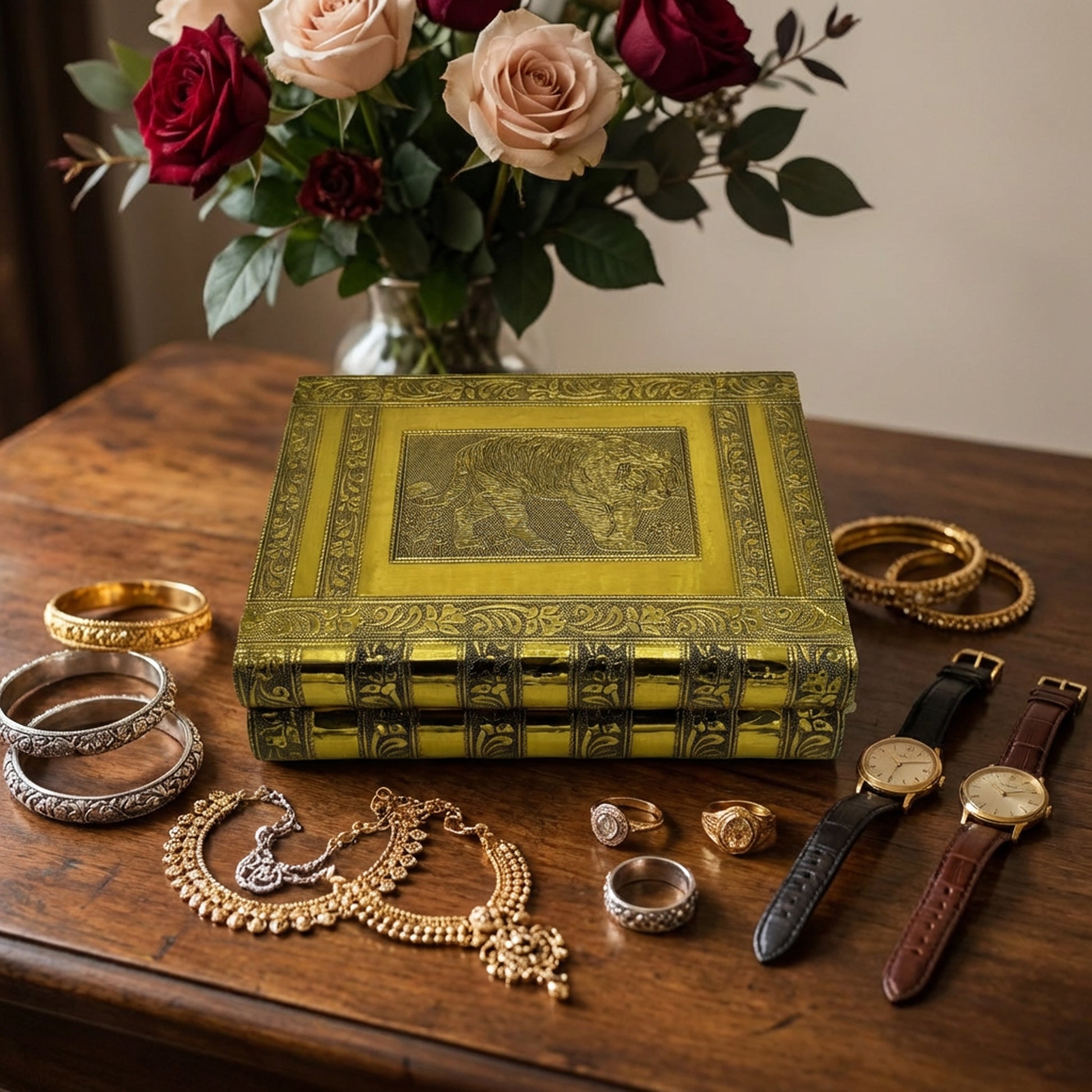 Decorative jewelry box with gold and silver jewelry on a wooden table, accompanied by a vase of flowers.