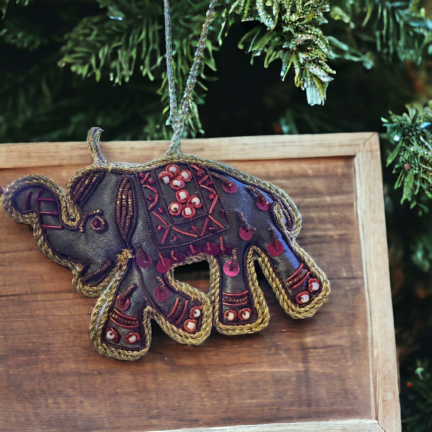 Indian Elephant Hand Stitched Ornament with Zari Embroidery - Tortuna