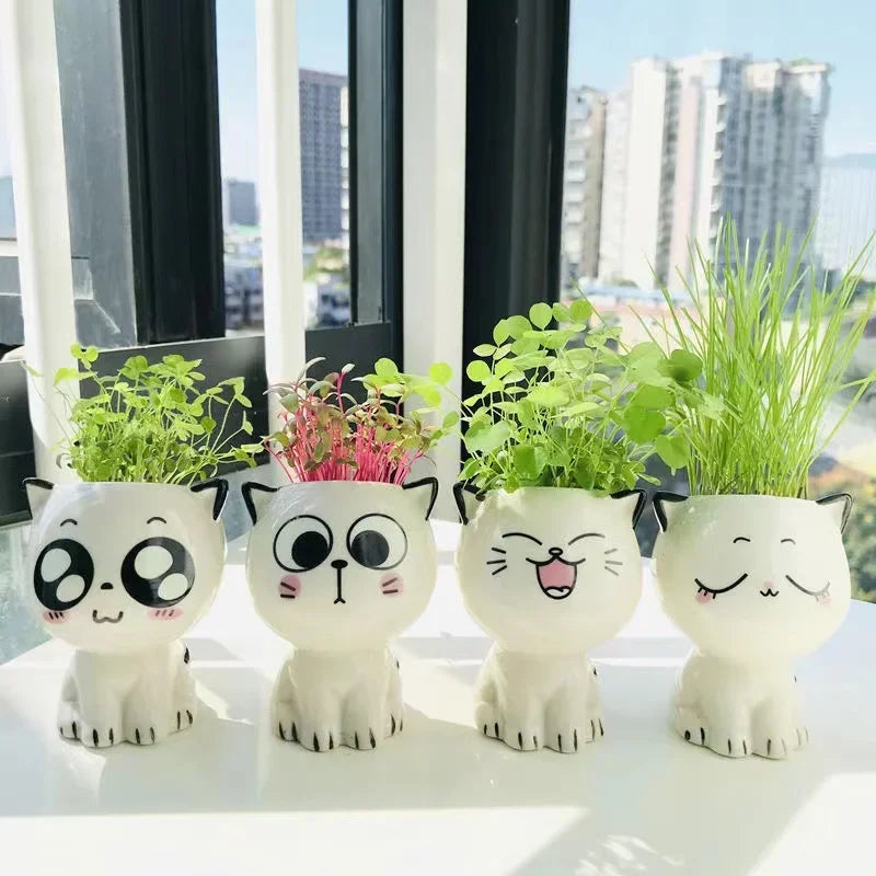Kawaii Ceramic Cat Planter - Mini Desktop Plant Pot