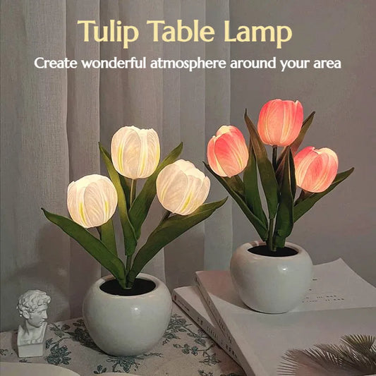 Tulip table lamps on a table with a decorative background