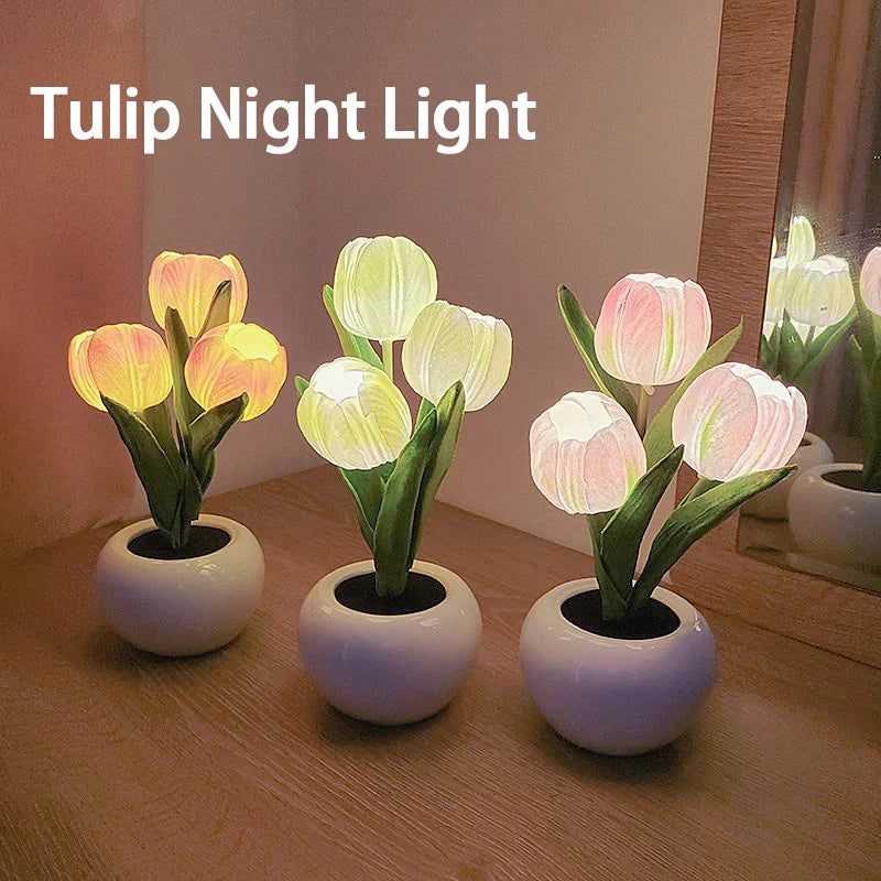 Tulip night lights in white pots on a wooden surface with 'Tulip Night Light' text.