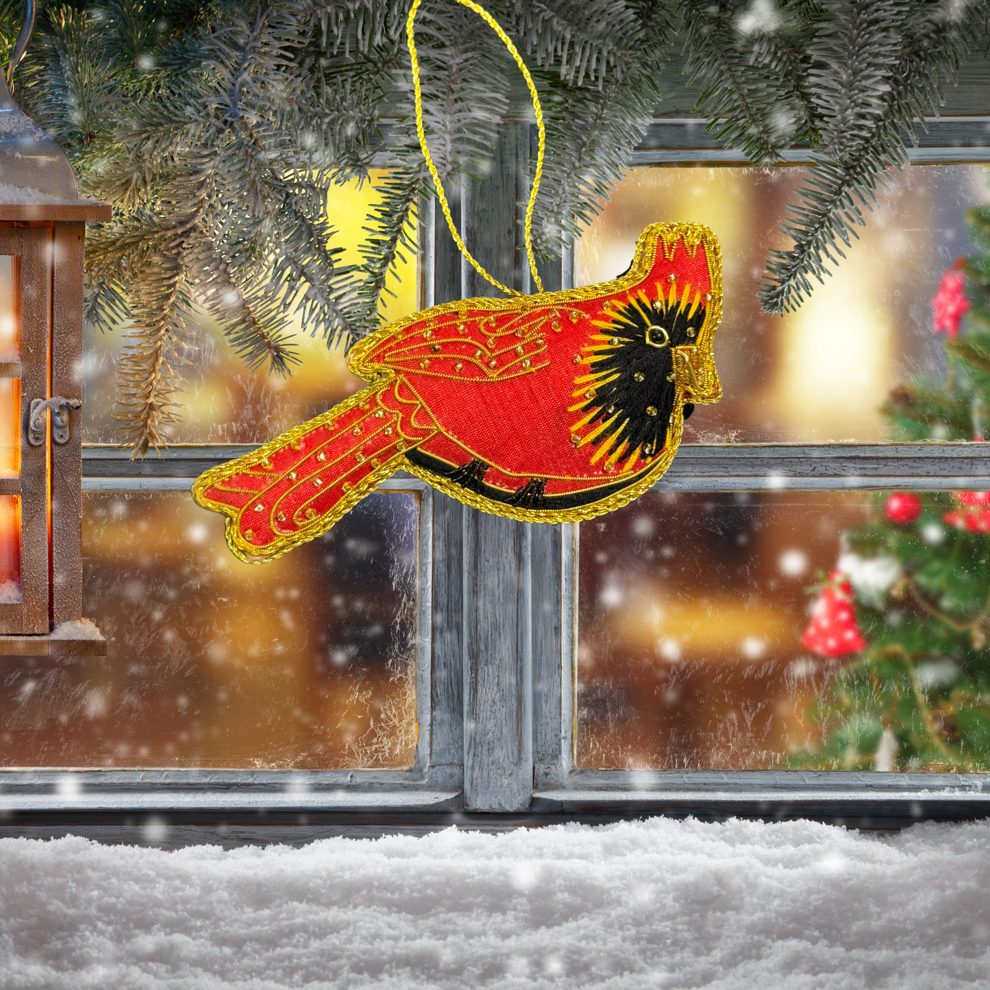 Red Cardinal ornament with Zari embroidery as a window hanging