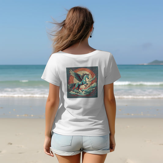 Person wearing a white t-shirt with a colorful winged horse god graphic on the beach