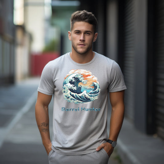 Barrel Hunter surfing t-shirt worn by model