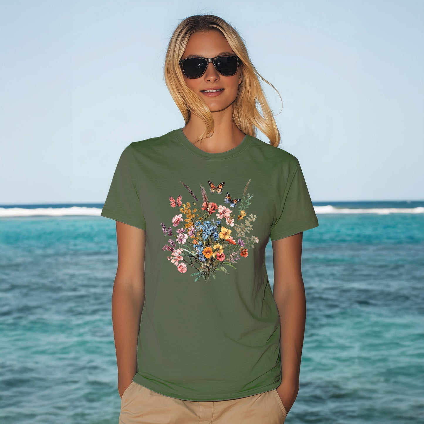 woman standing in front of the ocean wearing a vintage botanical floral butterfly t-shirt in blue spruce color. comfort colors 1717