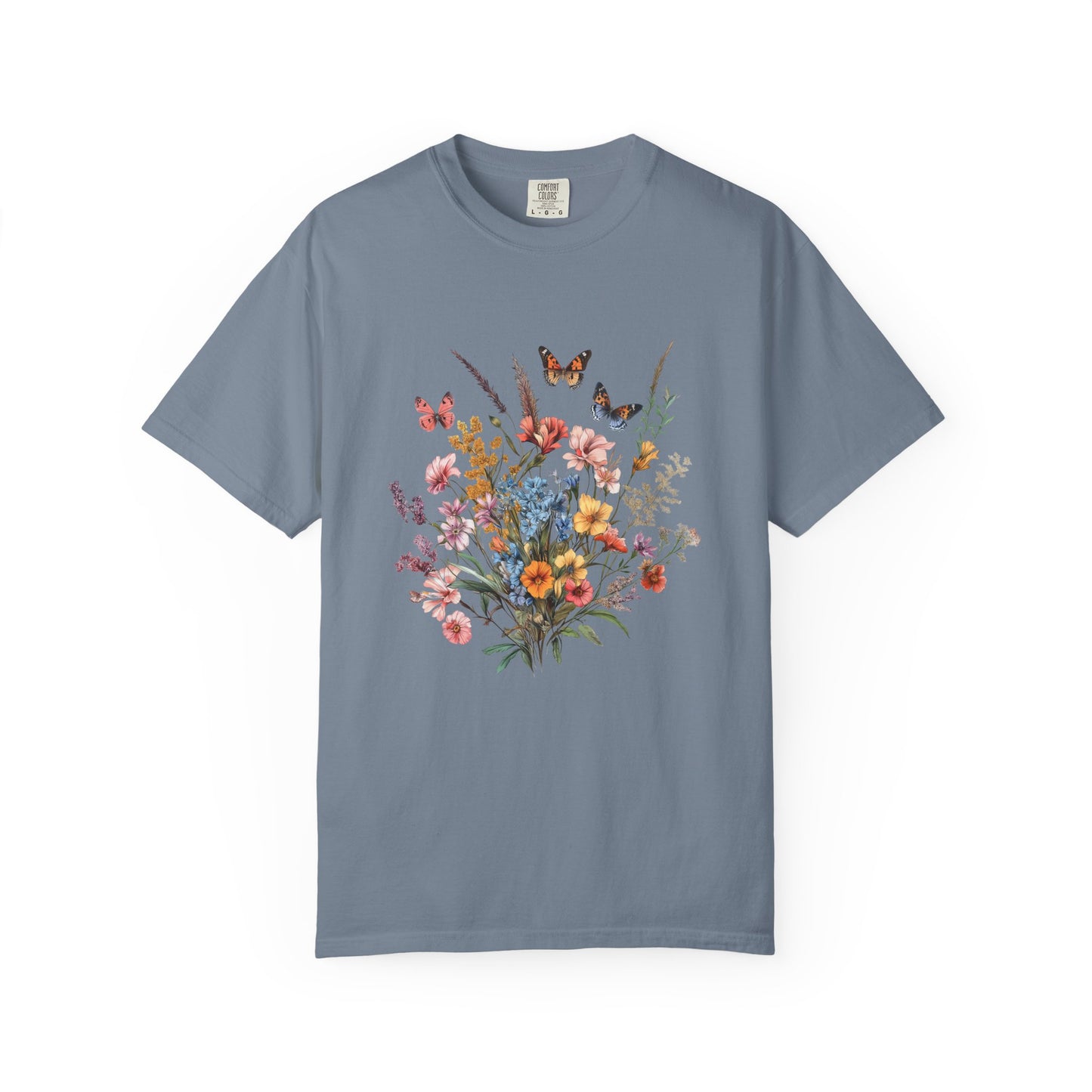 vintage floral butterfly t-shirt in blue jean color. printed on comfort colors 1717 t-shirt. 
