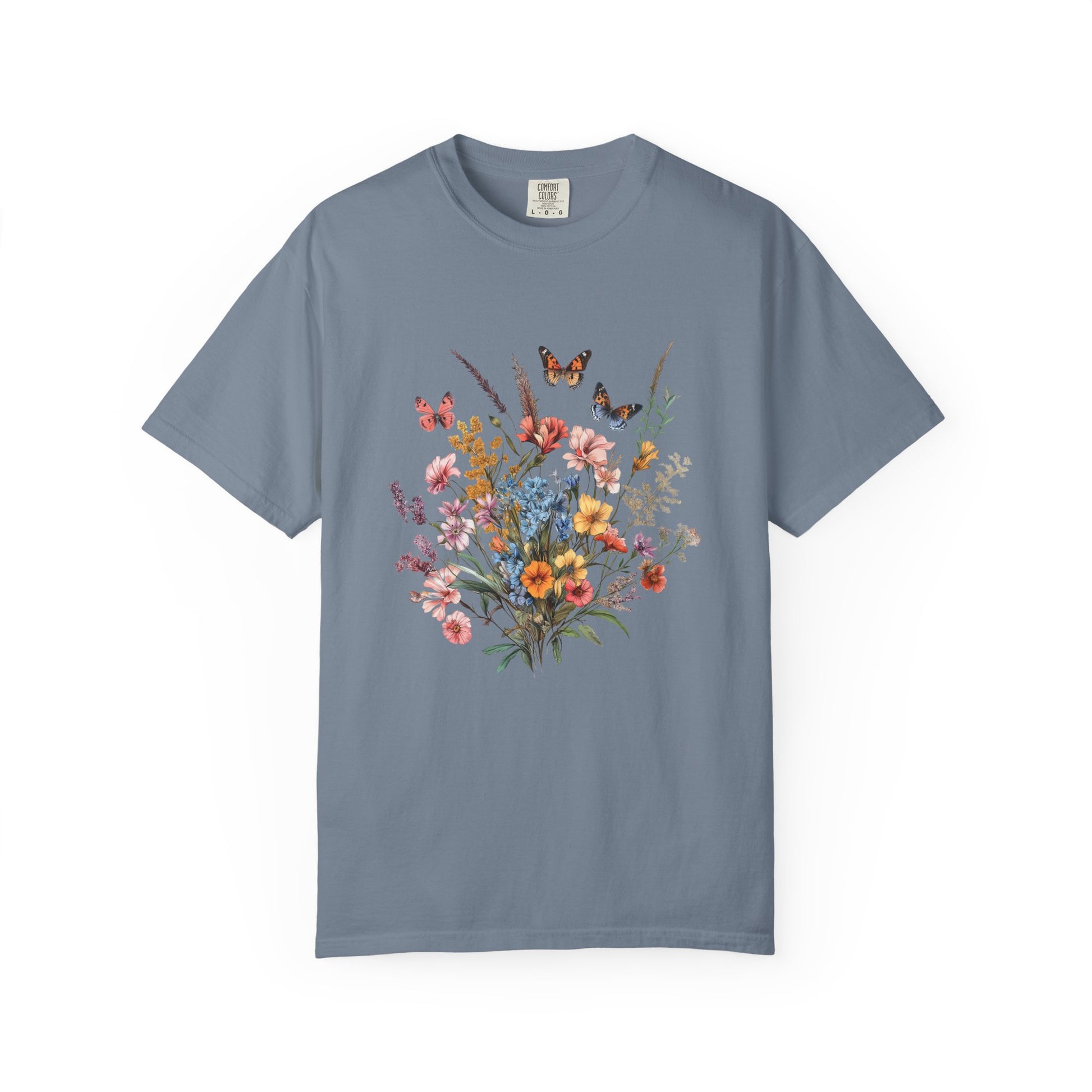 vintage floral butterfly t-shirt in blue jean color. printed on comfort colors 1717 t-shirt. 