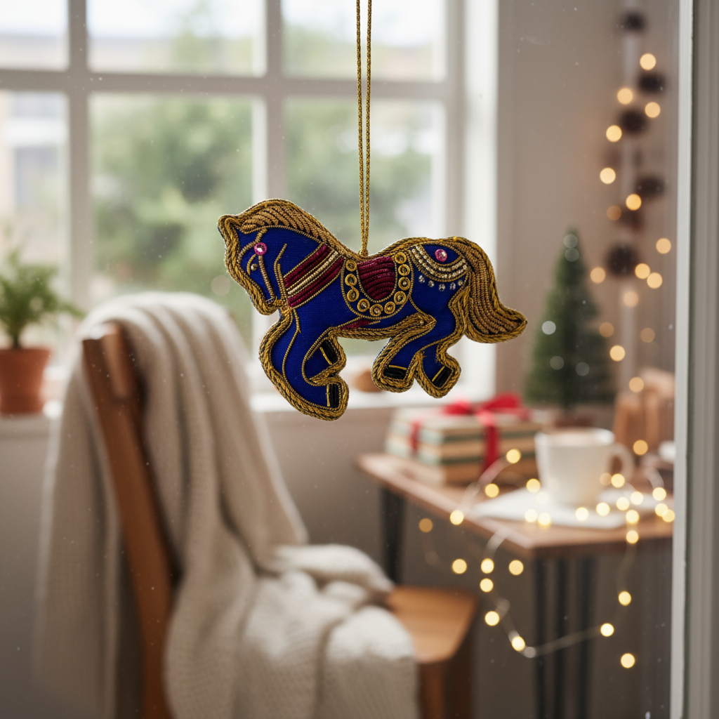 Decorative horse ornament hanging in a cozy room with a window and fairy lights.