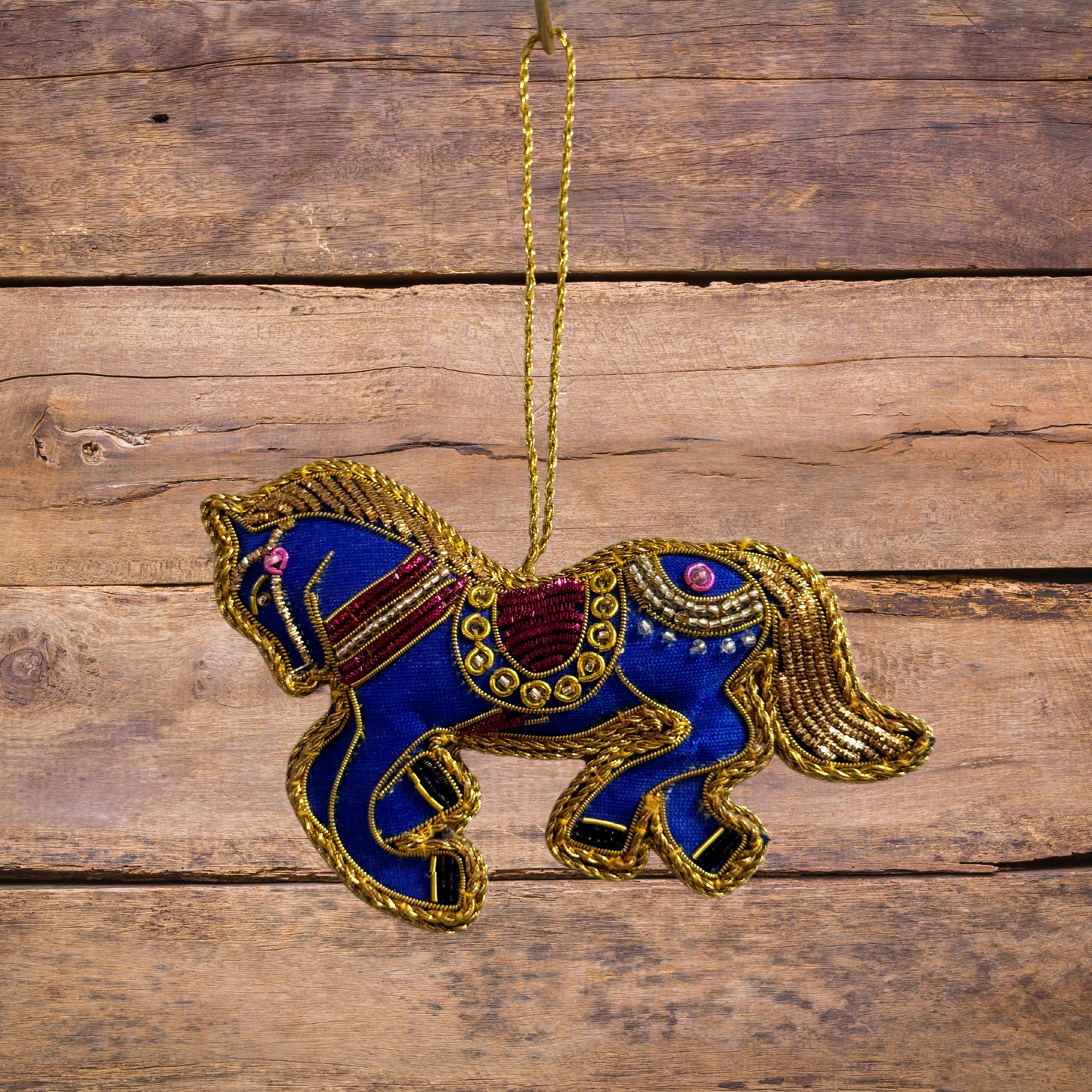 Blue Horse Hand Embroidered Ornament - Tortuna