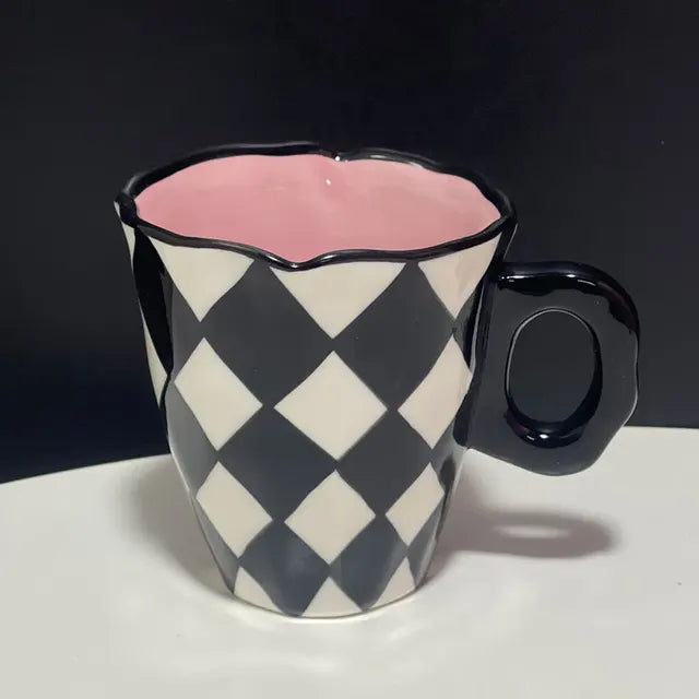 Hand Painted Ceramic Mugs - Checkerboard and Clouds on Blue Sky - Tortuna