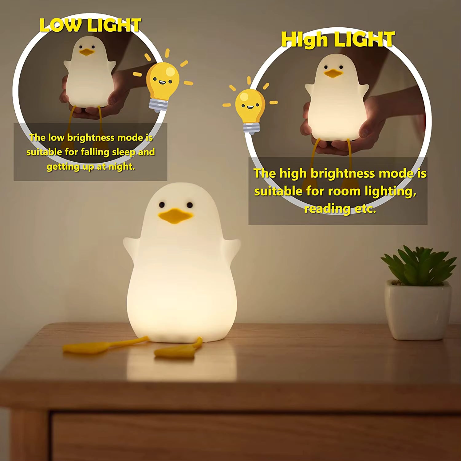 duck-shaped night light on a table with text on brightness modes.