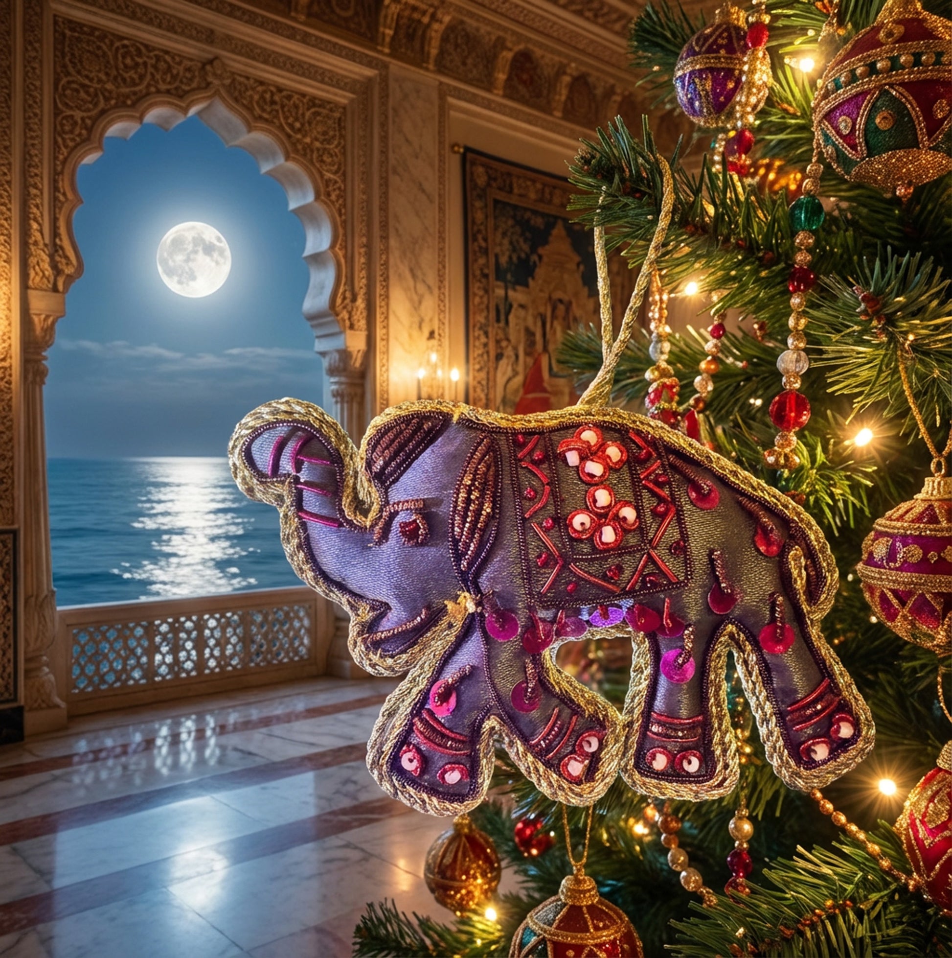 Decorative elephant ornament on a Christmas tree with a moonlit sky and ocean view.