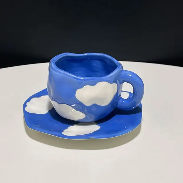 Hand Painted Ceramic Mugs - Checkerboard and Clouds on Blue Sky - Tortuna