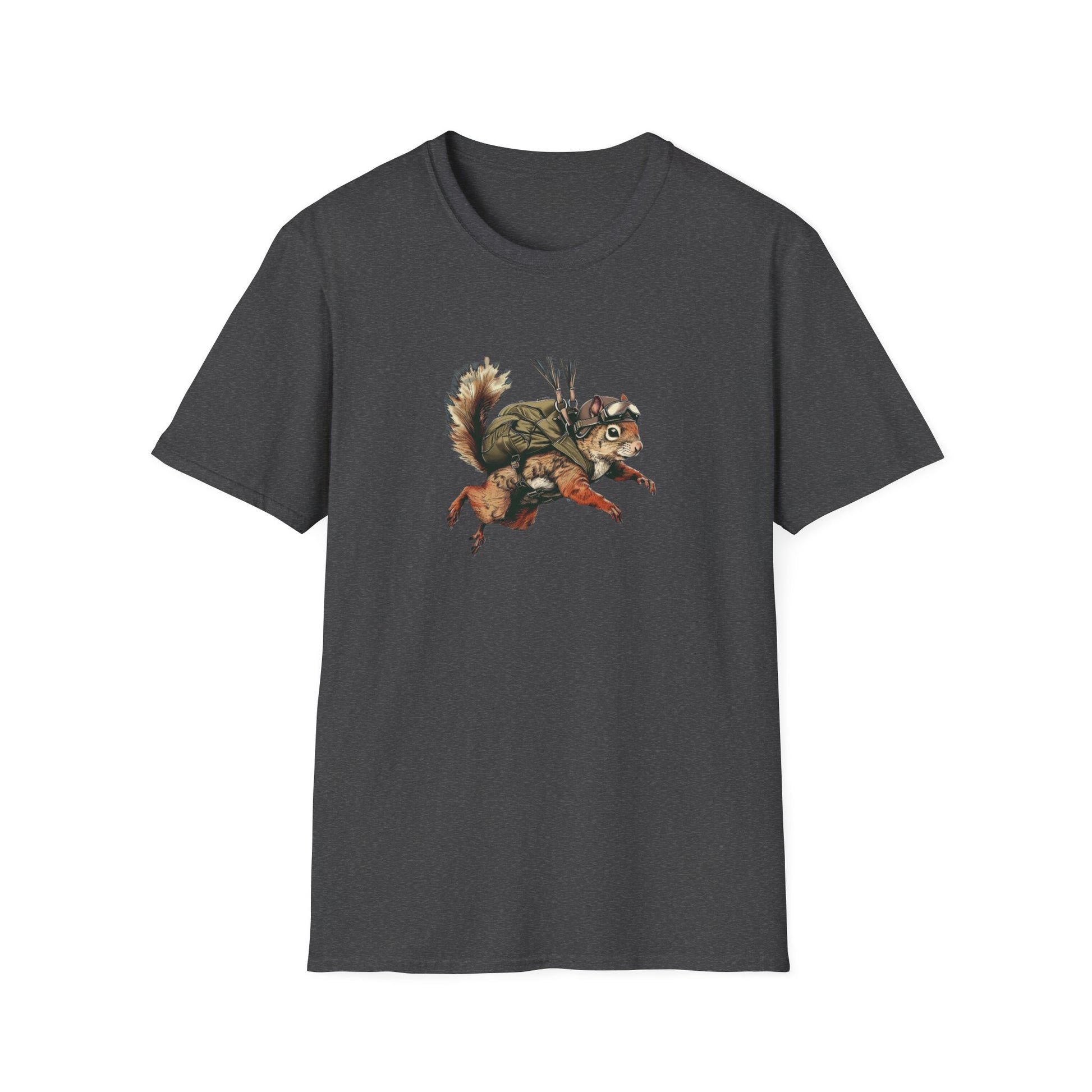 A dark heather t-shirt with a graphic print of a skydiving squirrel wearing parachute gear against a white background 