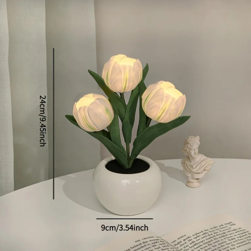 Decorative tulip night light lamp with illuminated bulbs on a table, featuring measurements.