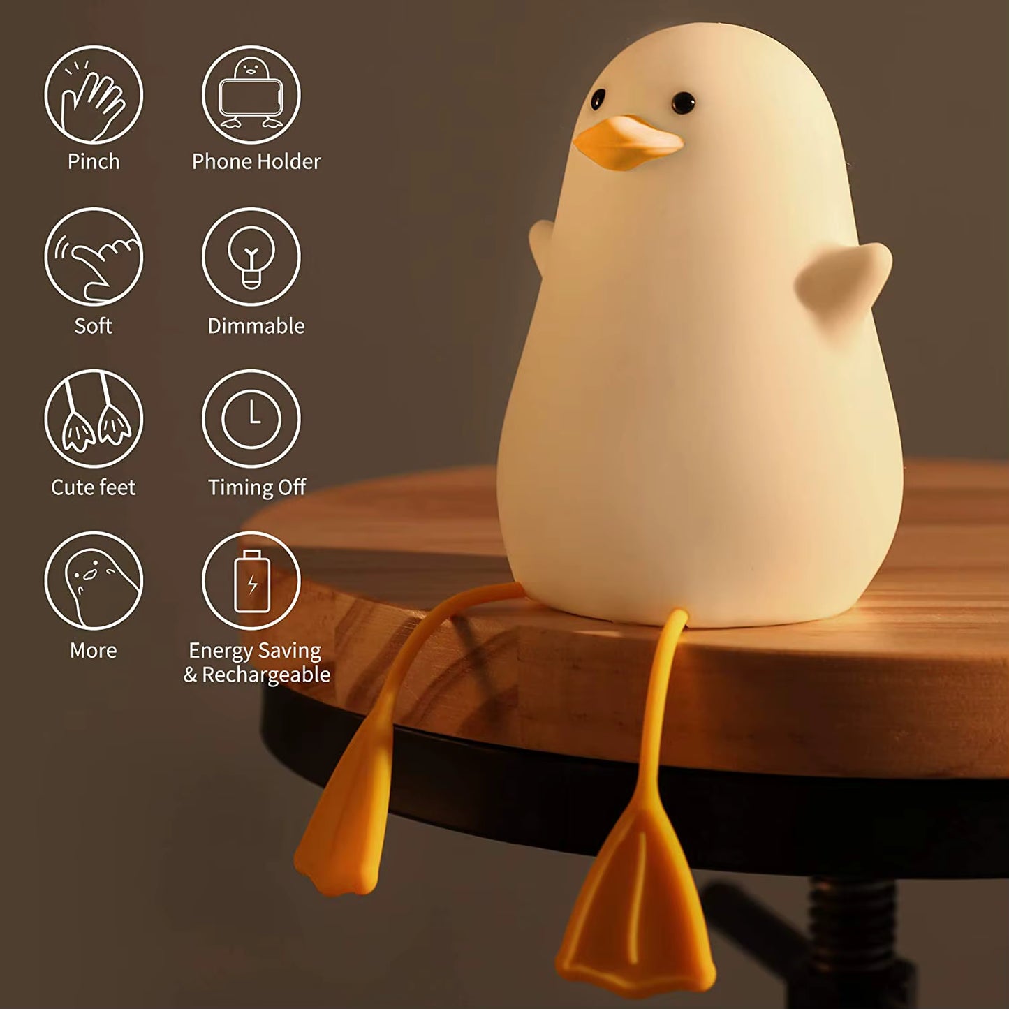 White duck-shaped night light on a wooden surface with features listed on the left.