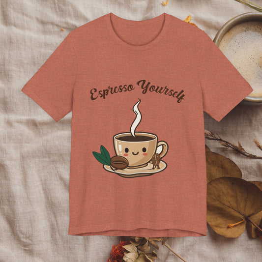 Heather Clay t-shirt with a coffee cup kawaii graphic and 'Espresso Yourself' text on a textured surface.