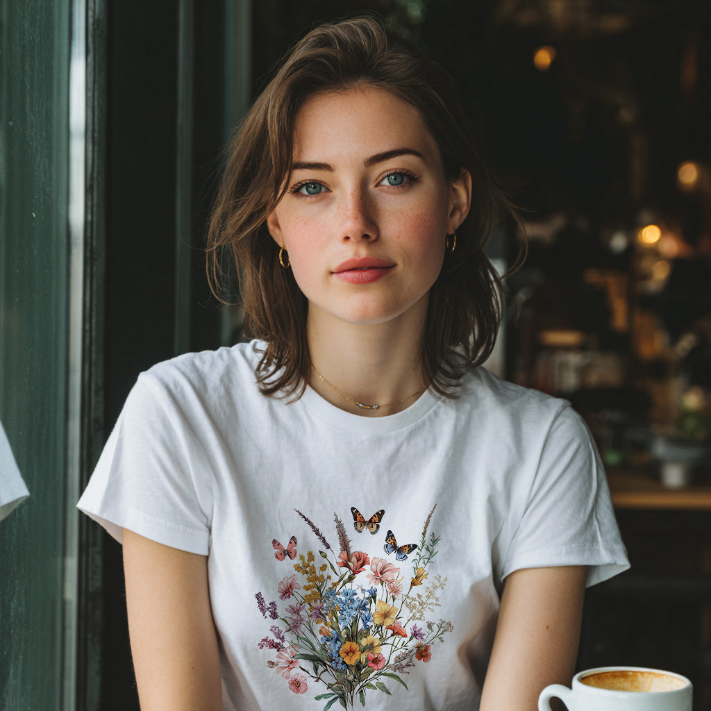 woman sitting in a cafe wearing a white floral butterfly t-shirt 