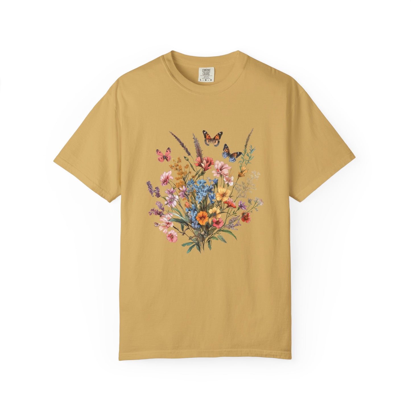 mustard color floral butterfly t-shirt printed on a comfort colors 1717