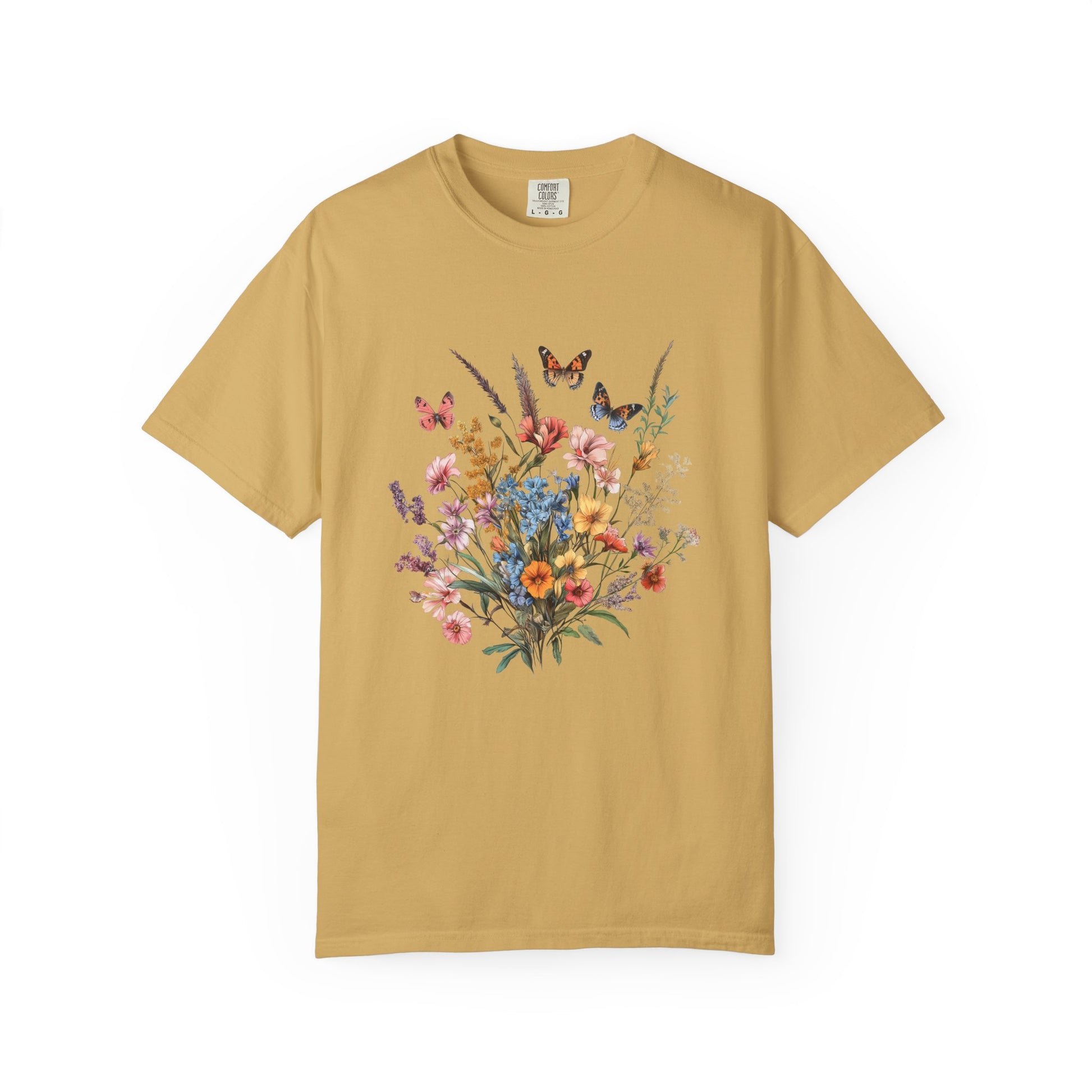 mustard color floral butterfly t-shirt printed on a comfort colors 1717