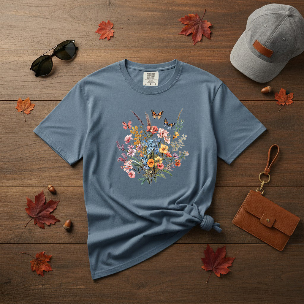 vintage floral butterfly tshirt comfort colors blue jean color