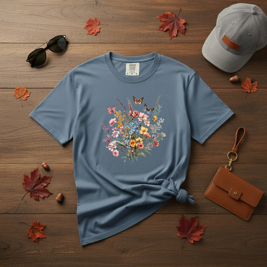 vintage floral butterfly tshirt comfort colors blue jean color