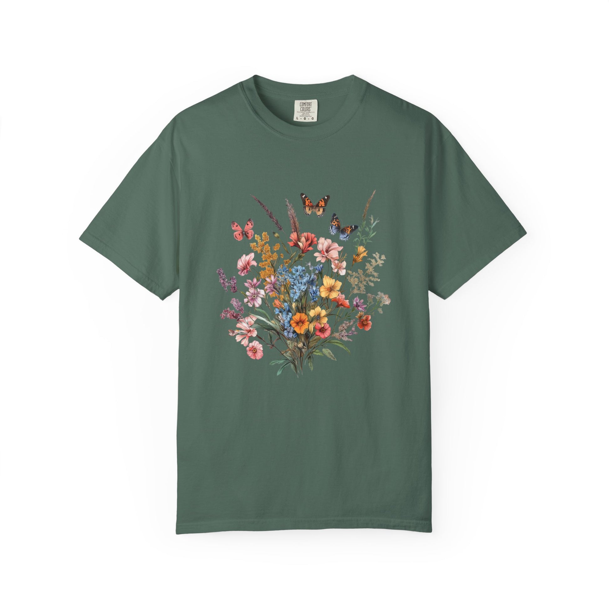 vintage floral butterfly botanical garden design t-shirt in blue spruce color. printed on comfort colors 1717 tshirt. 