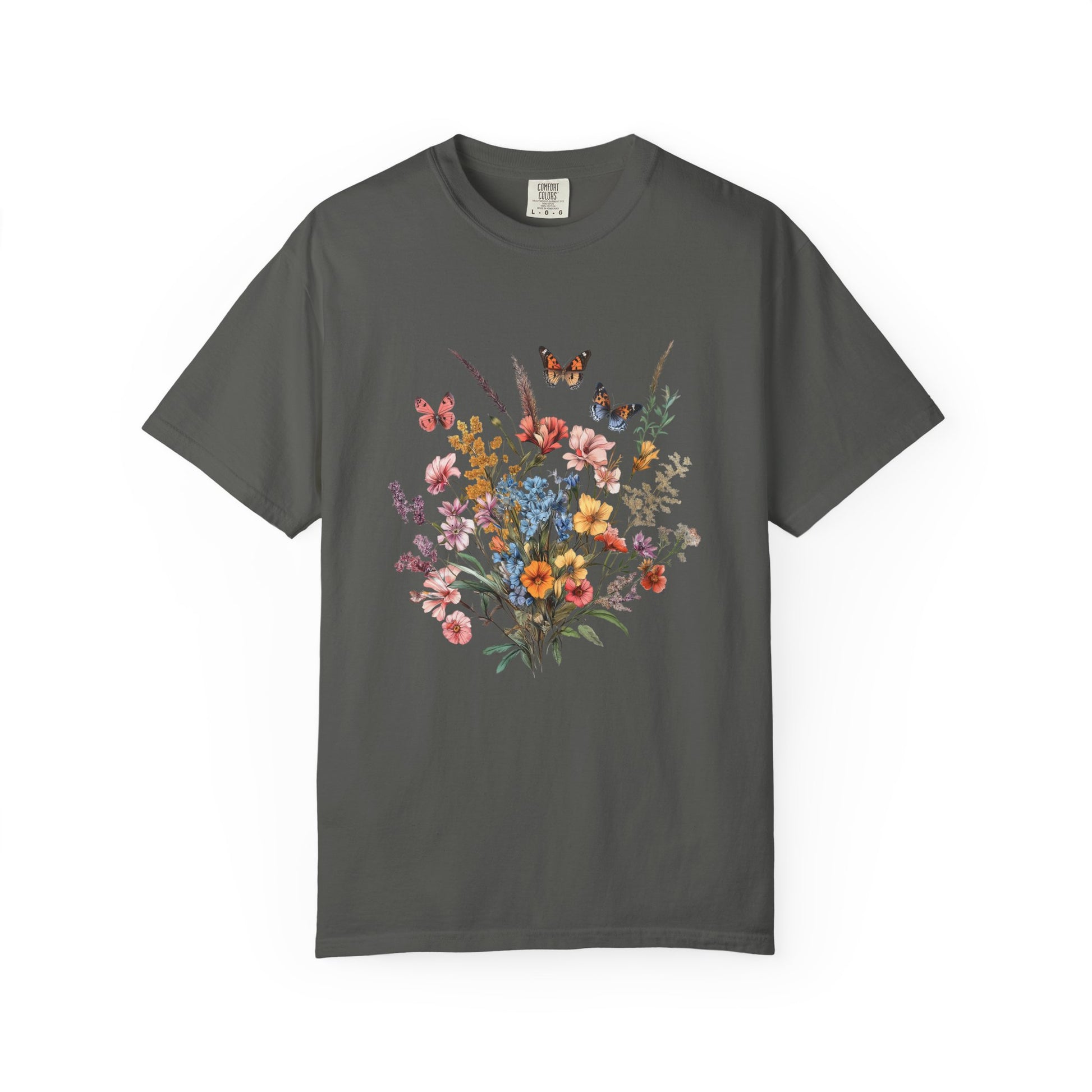 vintage wash floral butterfly t-shirt printed on pepper comfort colors 1717 tshirt 