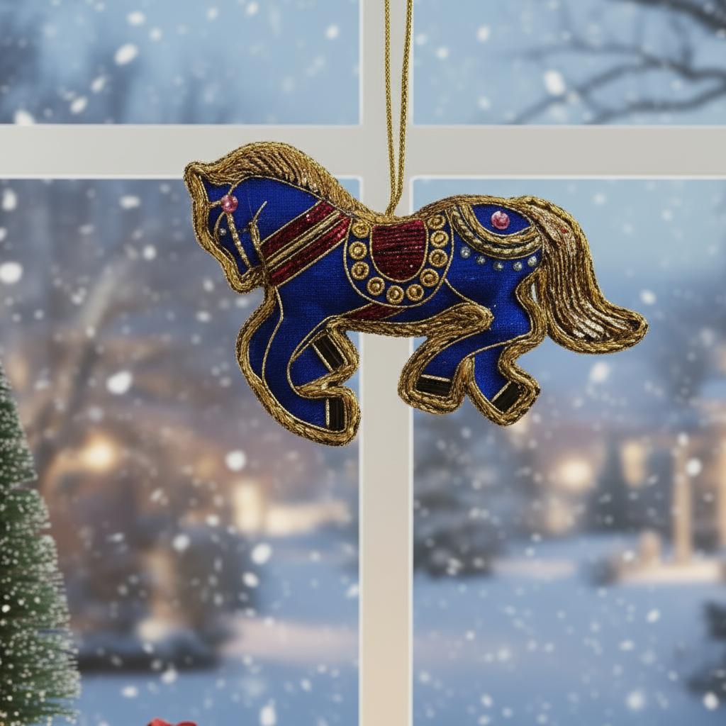 Decorative horse ornament on a string with a snowy background
