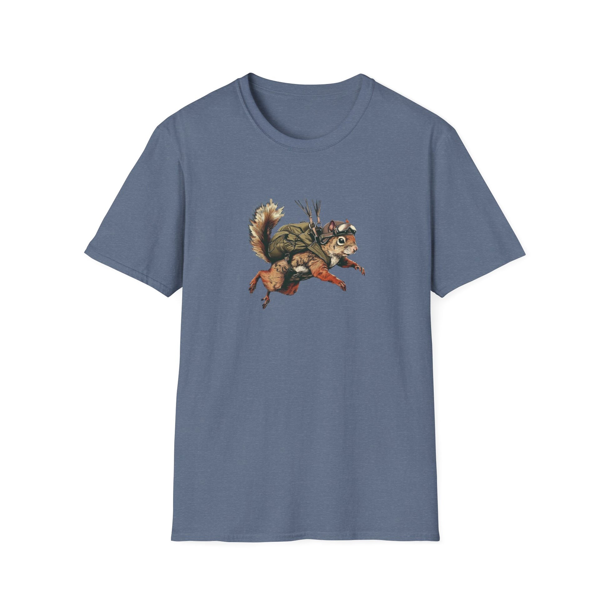 A heather indigo t-shirt with a graphic print of a skydiving squirrel wearing parachute gear against a white background